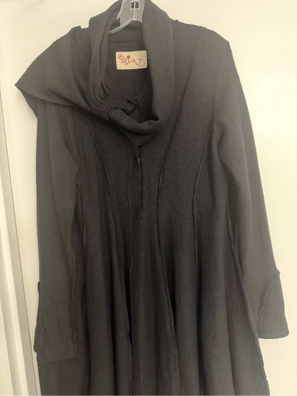 Black Long Bubble Hem Coat with Scarf Collar - Picture 8 of 9